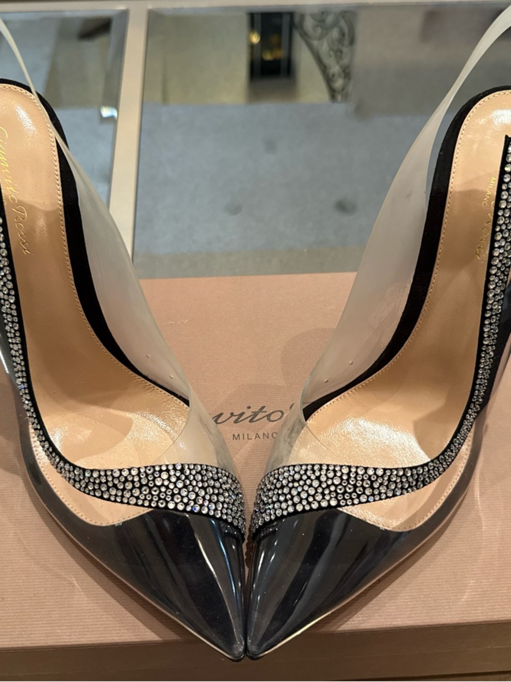 Gianvito Rossi Clear and Black Crystal-Trim Pointed Toe Pumps